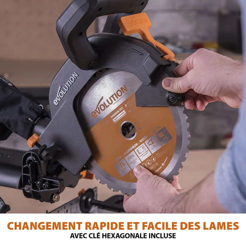 Scie à onglet électrique 210mm Evolution R210SMS+ avec lame multi-matériaux TCT