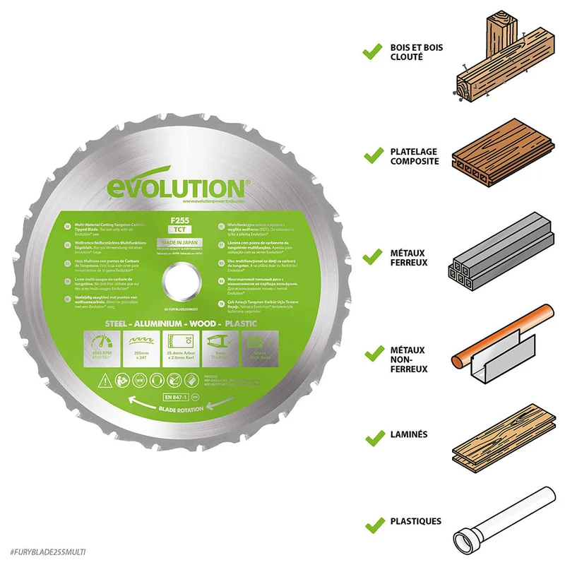 Lame multi-matériaux TCT 255mm 24 dents alésage 25,4mm Evolution pour Scie à onglet et Scie sur table