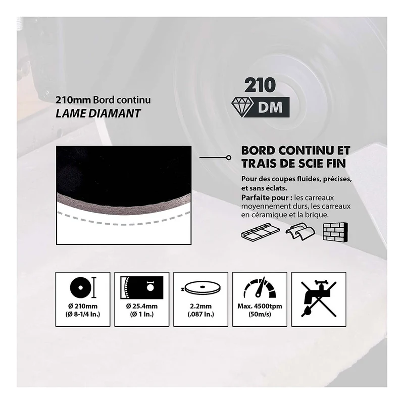 Disque diamant 210mm alésage 25,4mm Evolution pour Scie à onglet et Scie sur table