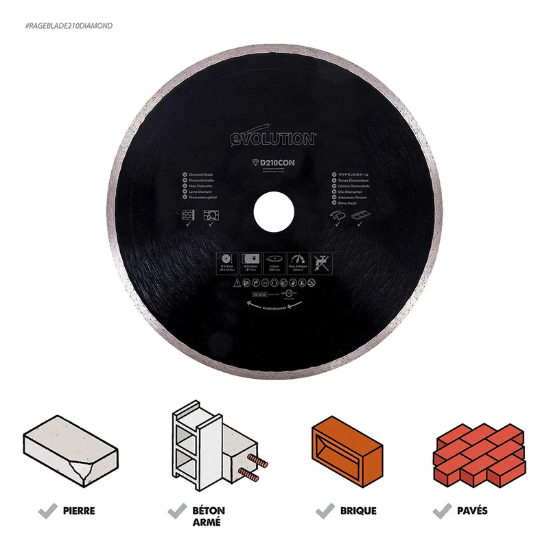 Disque diamant 210mm alésage 25,4mm Evolution pour Scie à onglet et Scie sur table