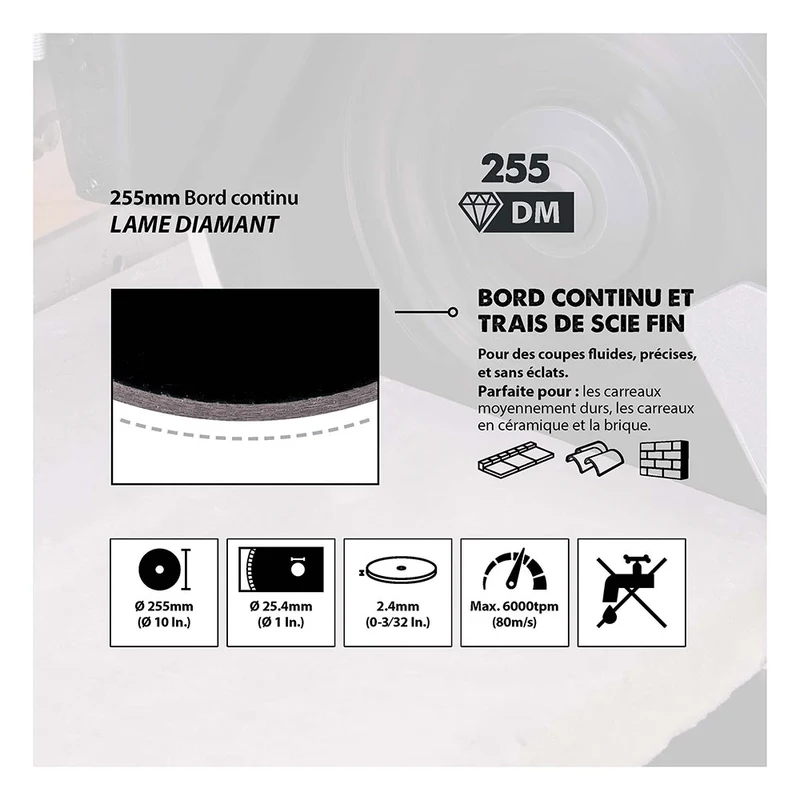 Disque diamant 255mm alésage 25,4mm Evolution pour Scie à onglet et Scie sur table