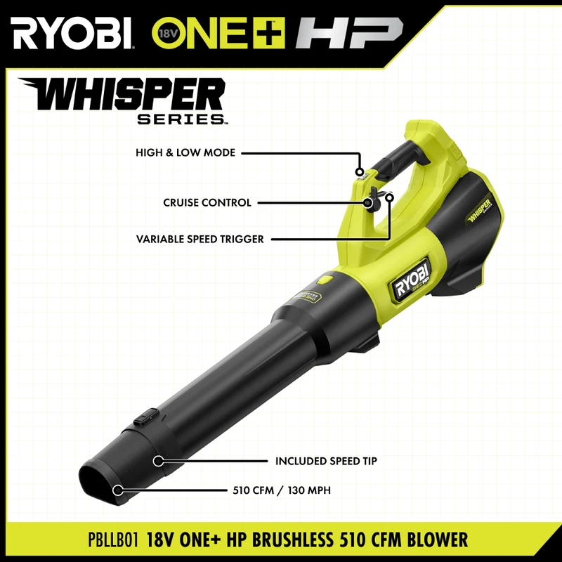 18V ONE+ HP Brushless WHISPER SERIES 510 CFM 130 MPH Battery Leaf Blower, 6.0 Ah Battery, Charger