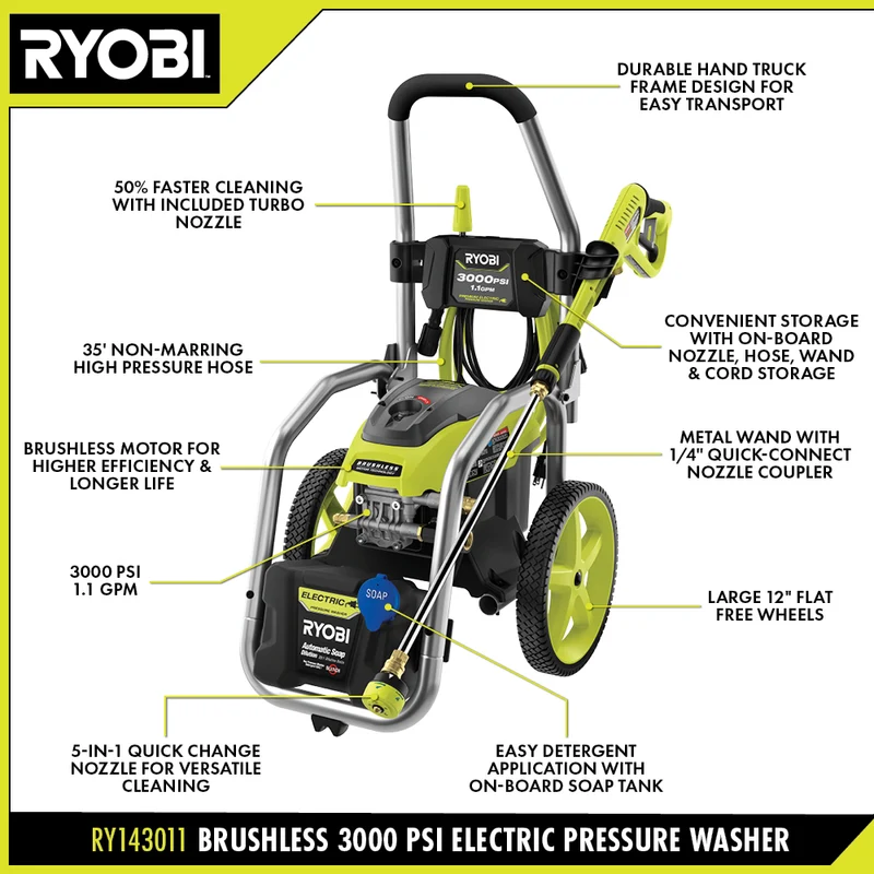 3000 PSI 1.1 GPM Brushless Electric Pressure Washer with 12" 2300 PSI Surface Cleaner