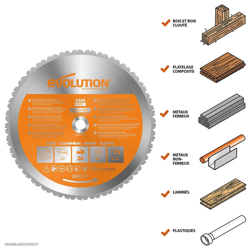 Lame multi-matériaux TCT 355mm Evolution 36 dents alésage 25,4mm pour scie à tronçonner