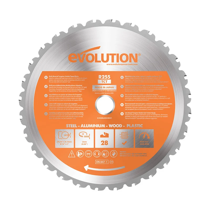 Lame multi-matériaux 255mm TCT 28 dents alésage 25,4mm Evolution pour scie à onglet et scie sur table