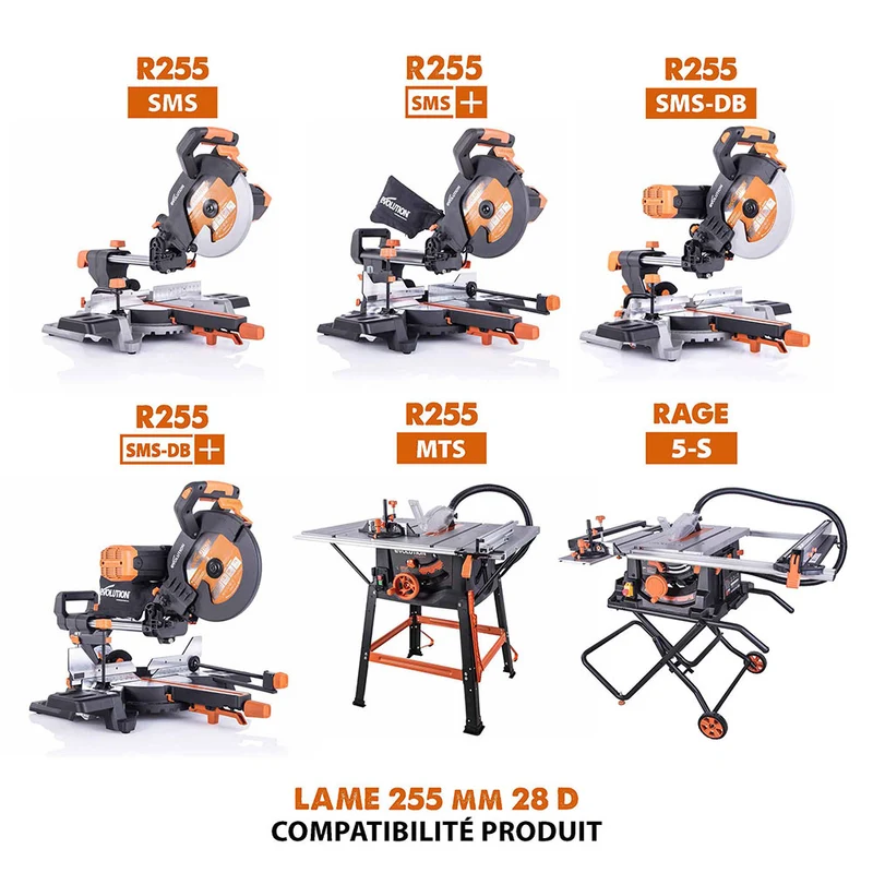 Lame multi-matériaux 255mm TCT 28 dents alésage 25,4mm Evolution pour scie à onglet et scie sur table