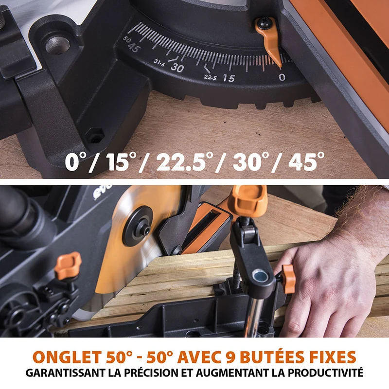 Scie à onglet électrique 210mm Evolution R210SMS-300+ avec lame multi-matériaux TCT