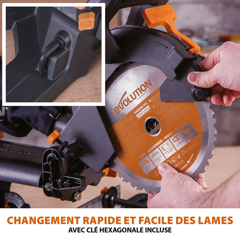 Scie à onglet électrique 210mm Evolution R210SMS-300+ avec lame multi-matériaux TCT
