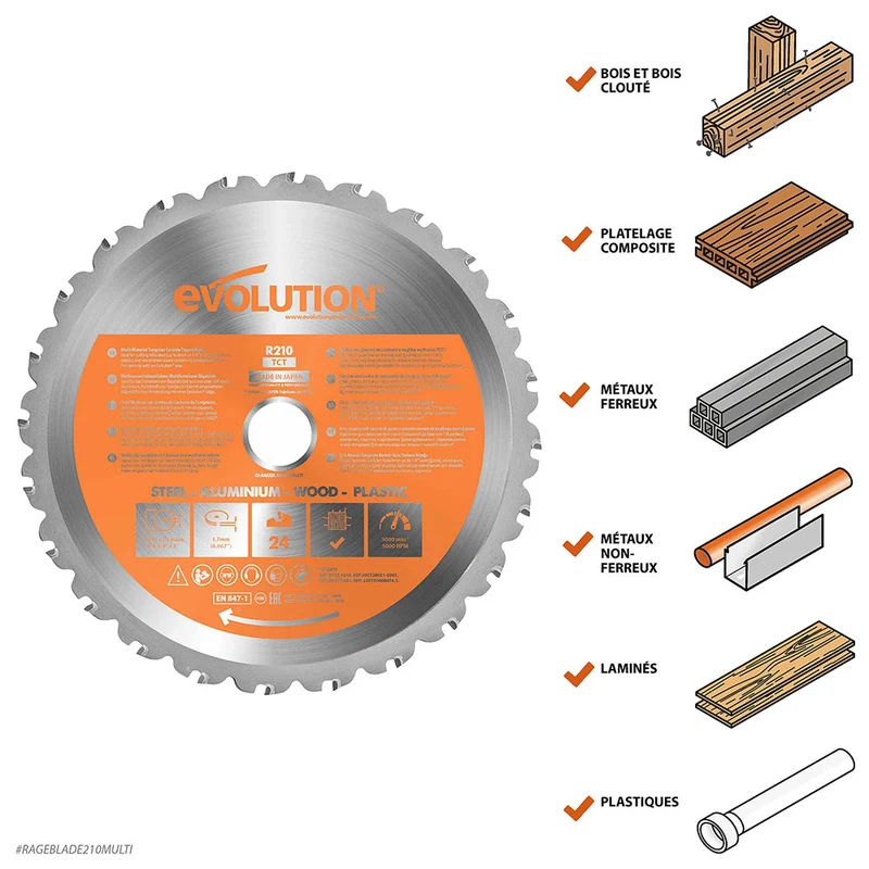 Lame multi-matériaux TCT 210mm 24 dents alésage 25,4mm Evolution pour Scie à onglet et Scie sur table