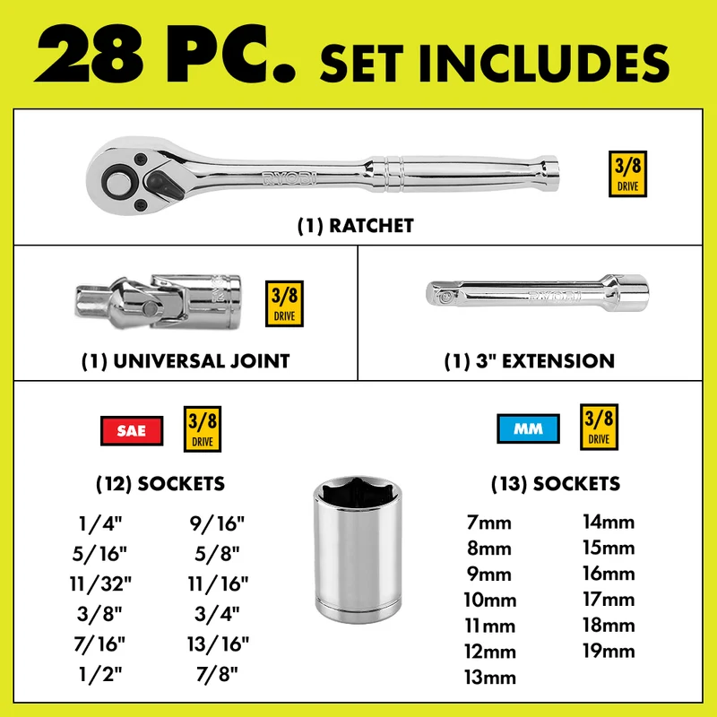 28 PC. 3/8" Ratchet and Socket Set