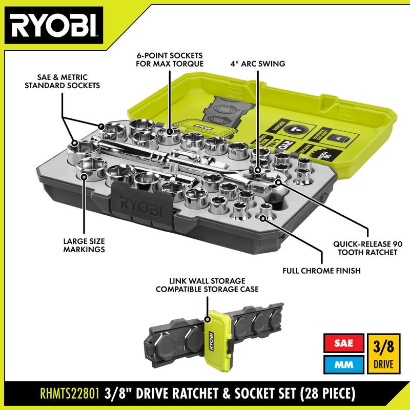 28 PC. 3/8" Ratchet and Socket Set