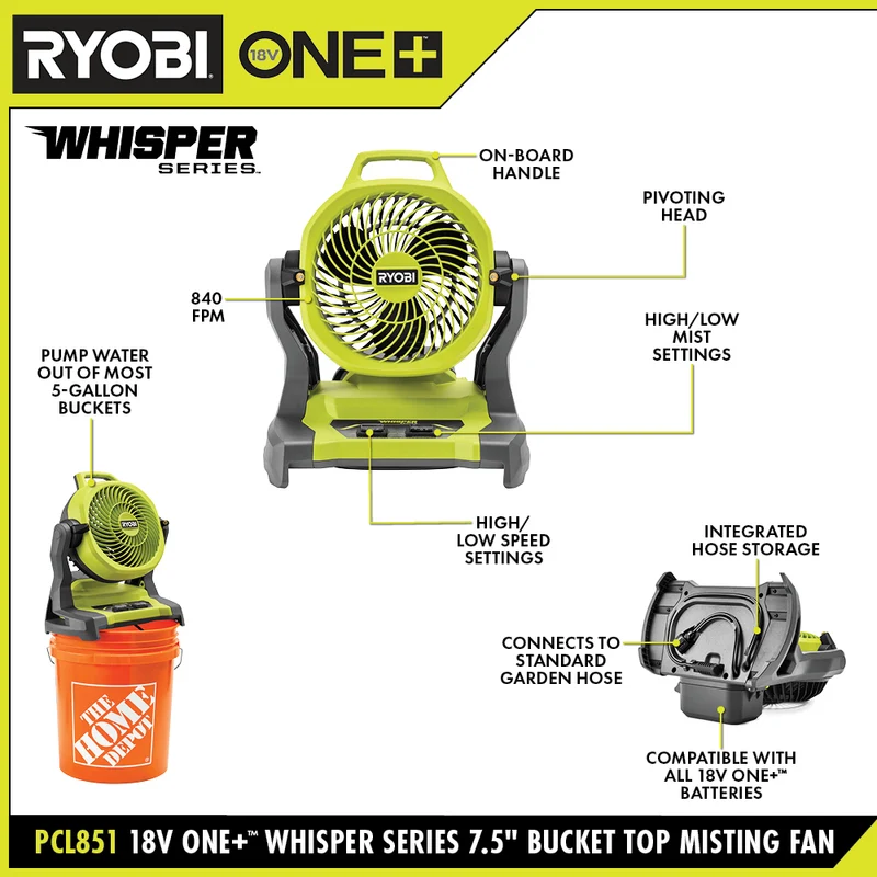 18V ONE+ WHISPER SERIES 7.5" Bucket Top Misting Fan Kit