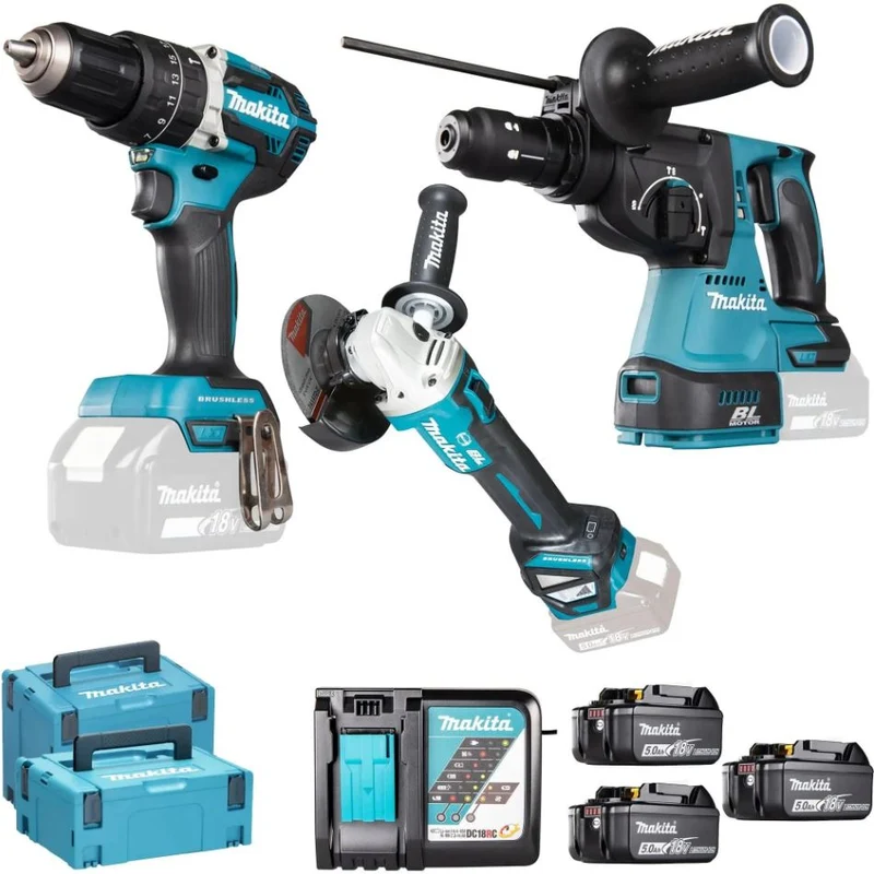 Ensemble de 3 machines 18 V Li-Ion 5 Ah ( DHP484Z + DGA513Z +DHR243Z) + 3x Batteries 5Ah + 1 Chargeur simple