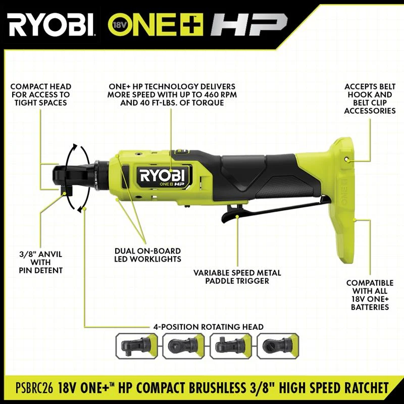 18V ONE+ HP Compact Brushless 3/8" High Speed Ratchet