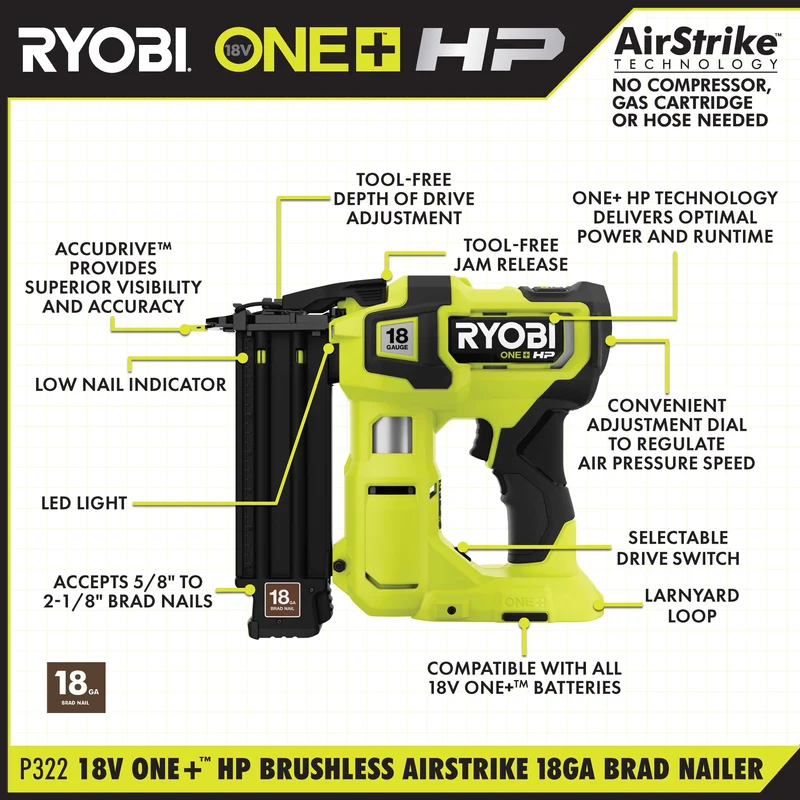 18V ONE+ HP Brushless AirStrike 18GA Brad Nailer Kit