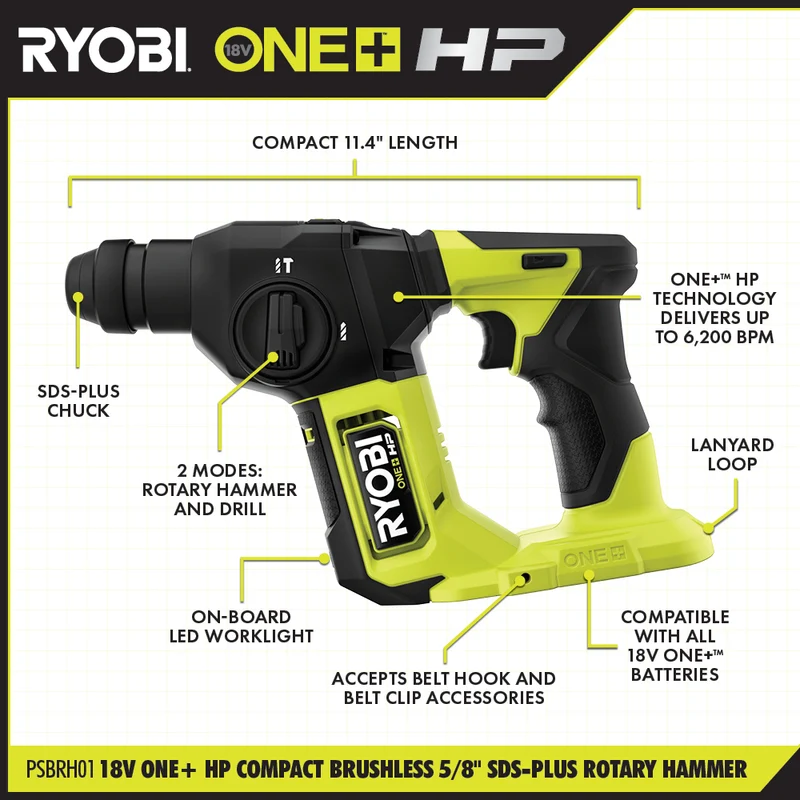 18V ONE+ HP Compact Brushless 5/8" SDS-Plus Rotary Hammer