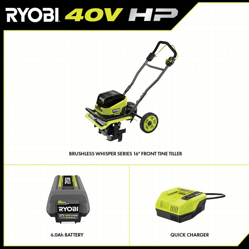 40V HP Brushless WHISPER SERIES 16" Front Tine Tiller Kit
