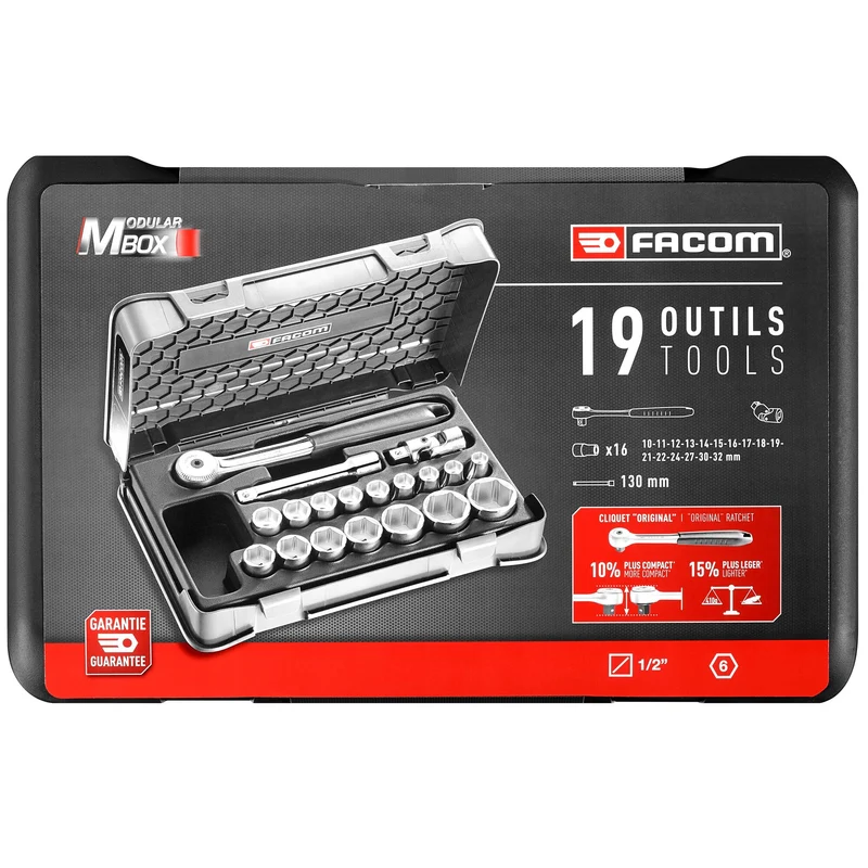 [S.151-2P6PB] Coffret douilles, 6 pans métriques, 19 pièces