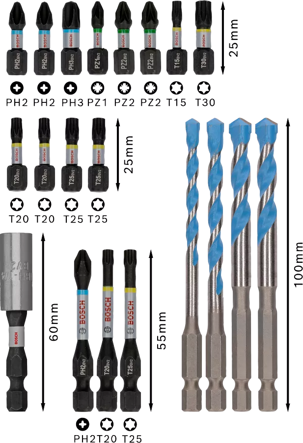 Coffret PRO Impact 20 pcs: 4 forets 15 embouts 1 porte embouts - 2608521U83 Bosch