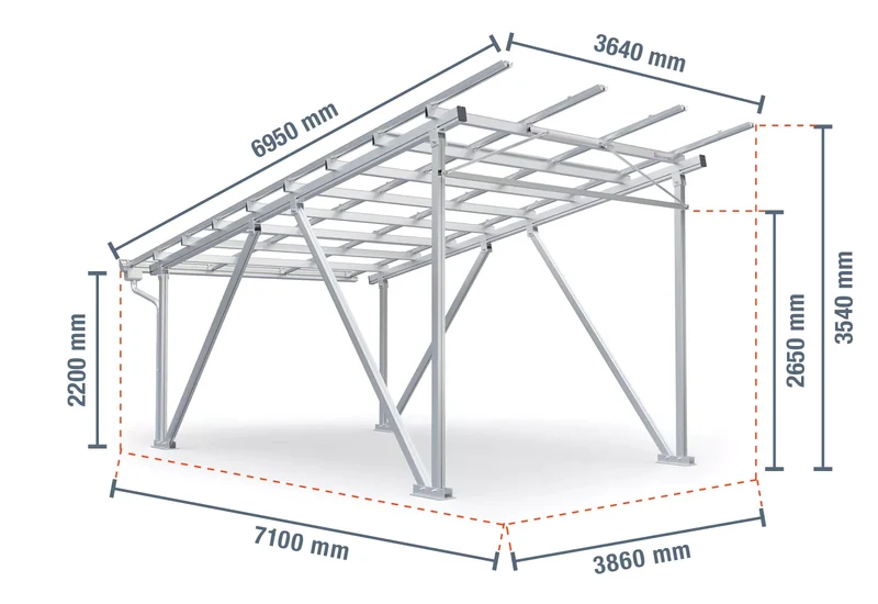 Abri de voiture en aluminium avec gouttière, hauteur de passage 2200 mm