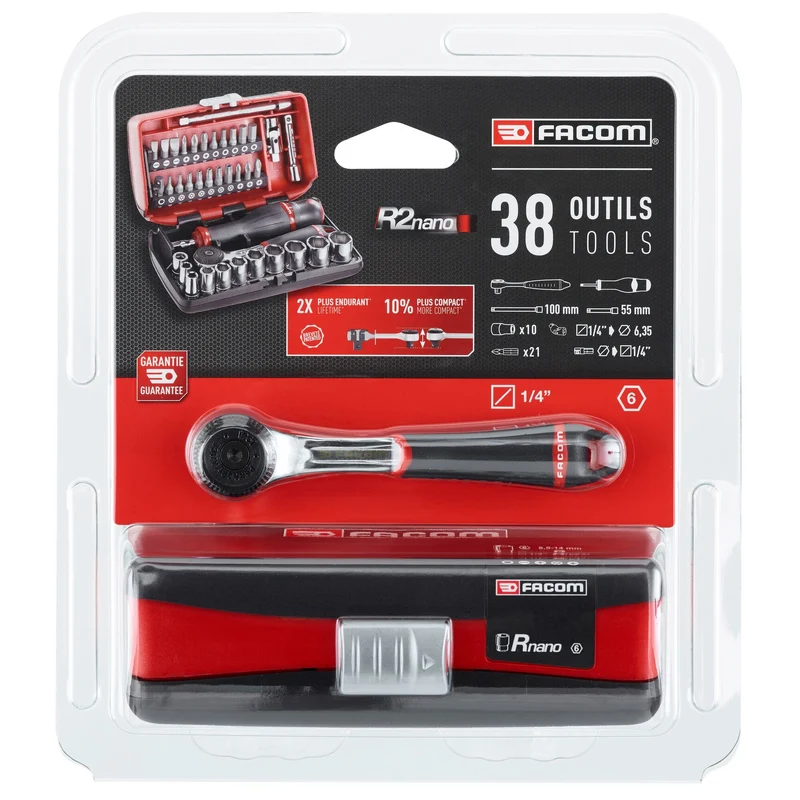 [R2NANO] Coffret douilles, 6 pans métriques et embouts, 38 pièces, 1/4''