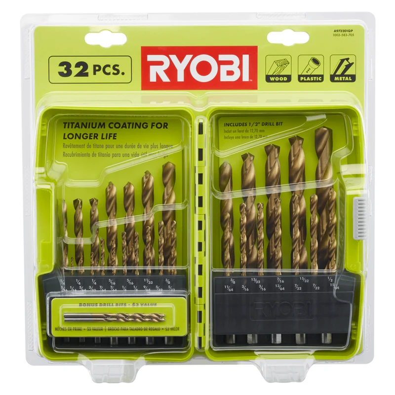 32 PC Titanium Coated Drill Bit Set