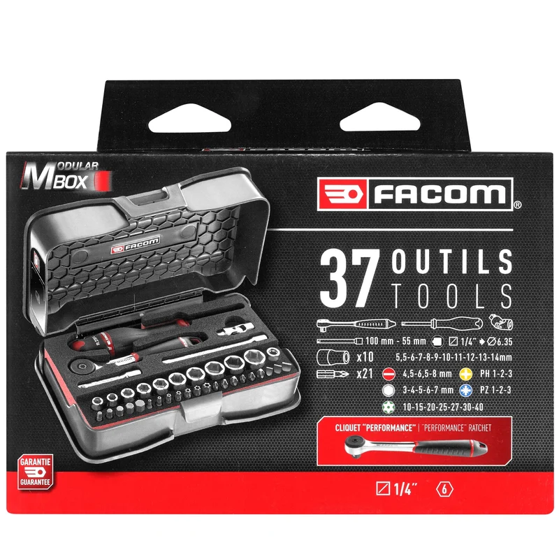 [R.161-6M6PB] Coffret douilles, 6 pans métriques et embouts, 37 pièces, 1/4"