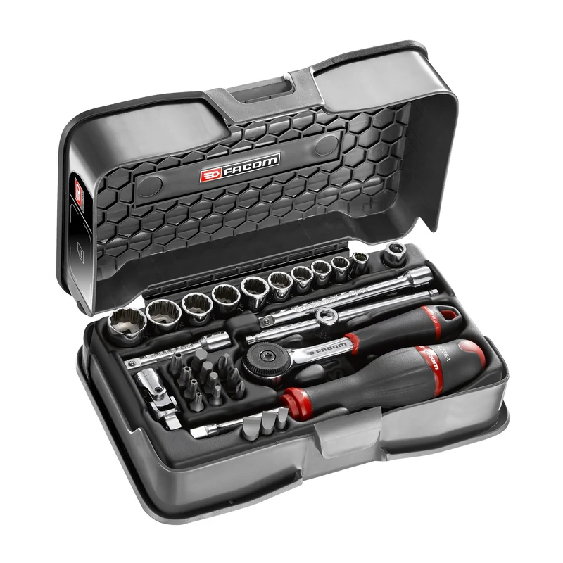 [R.161-4P12U] Coffret douilles, 12 pans en pouces et embouts, 31 pièces, 1/4"