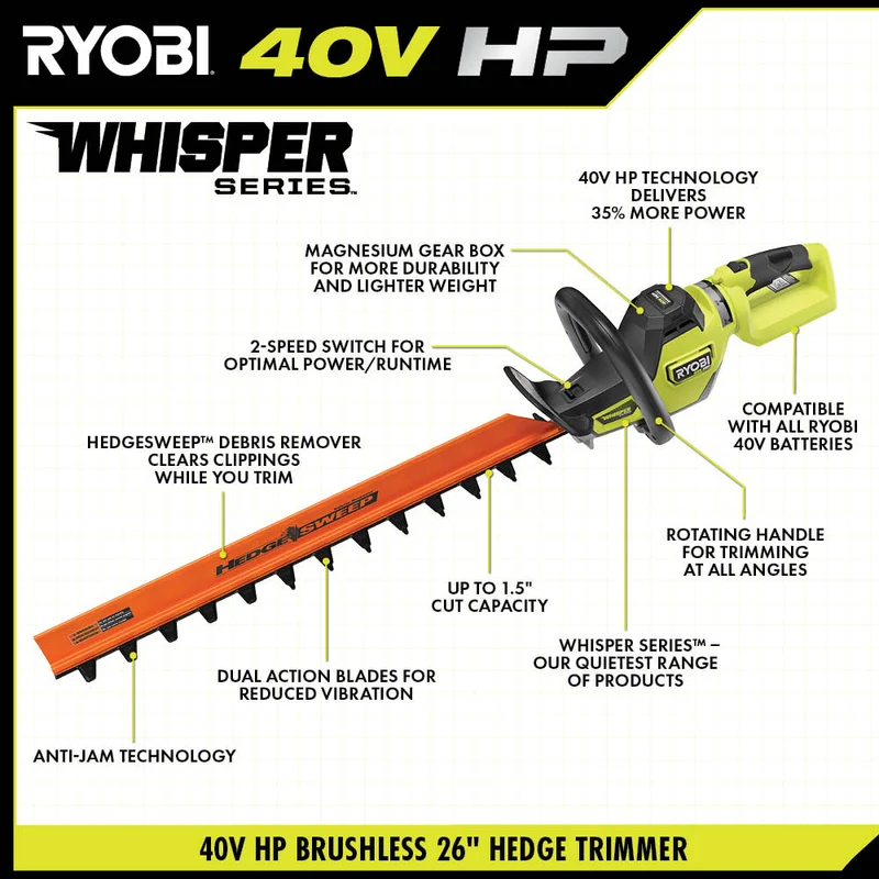 40V HP Brushless WHISPER SERIES 26" Hedge Trimmer Kit