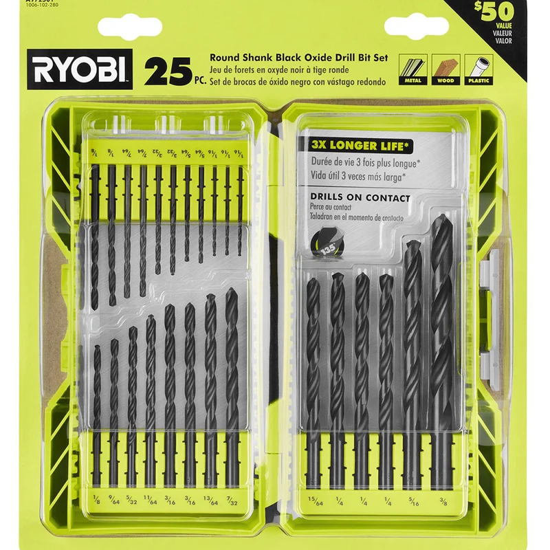 25 PC. Round Shank Black Oxide Drill Bit Set