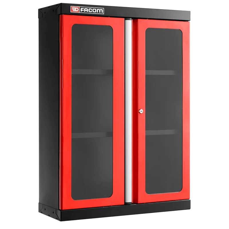 [JLS3-MHSPV] Meuble haut, 2 portes vitrées en plexi, 2 étagères, rouge