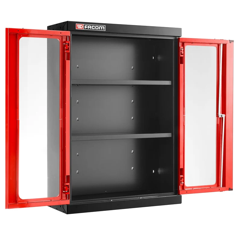 [JLS3-MHSPV] Meuble haut, 2 portes vitrées en plexi, 2 étagères, rouge
