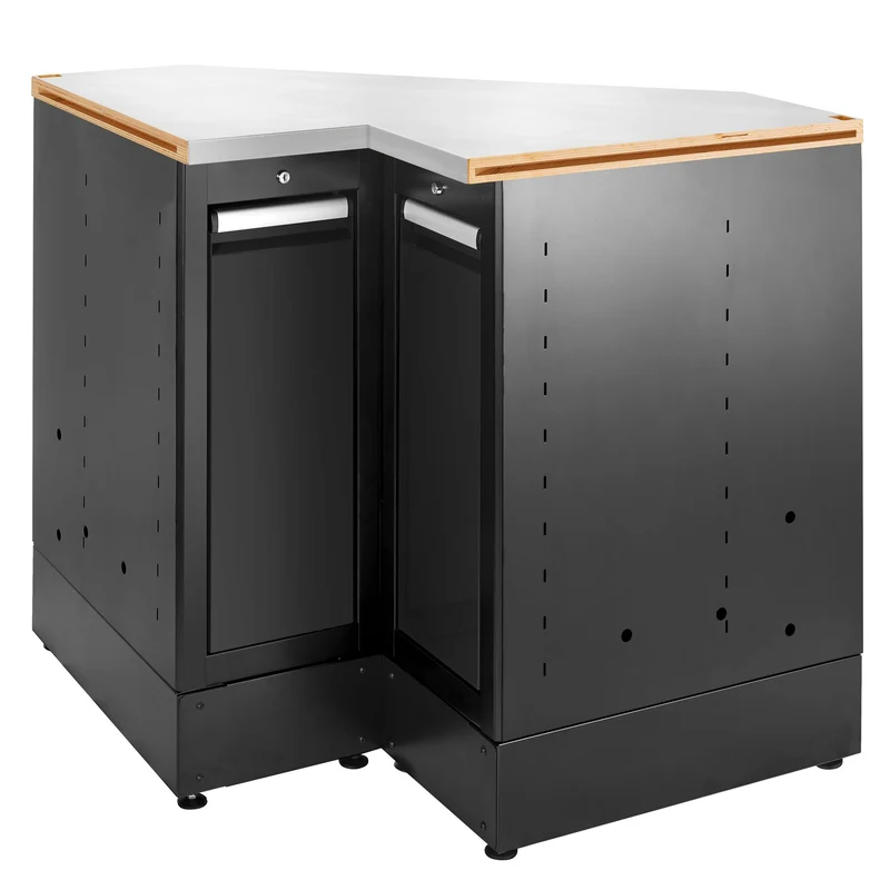 [JLS3-MBSCSGBS] Meuble bas angle, 2 tiroirs verticaux, plateau inox, noir