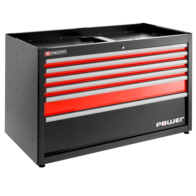 [JLS3-MBDPOWER] Meuble bas double, 6 tiroirs avec tiroir POWER, 1269 x 421 mm, rouge