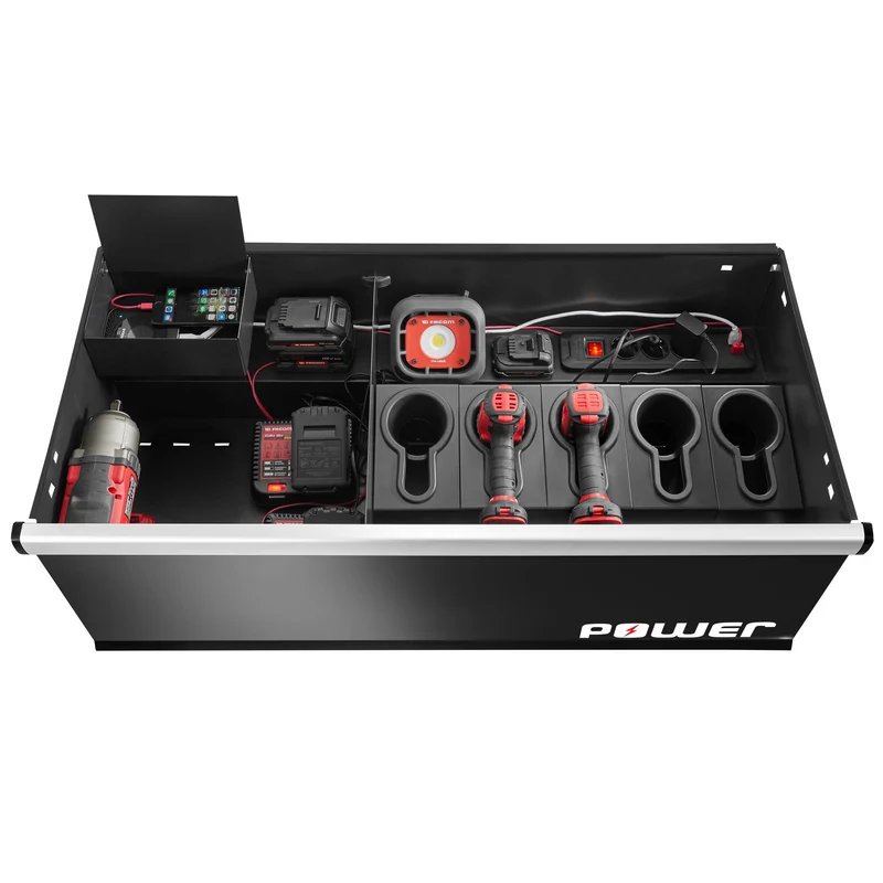 [JLS3-MBDPOWER] Meuble bas double, 6 tiroirs avec tiroir POWER, 1269 x 421 mm, rouge