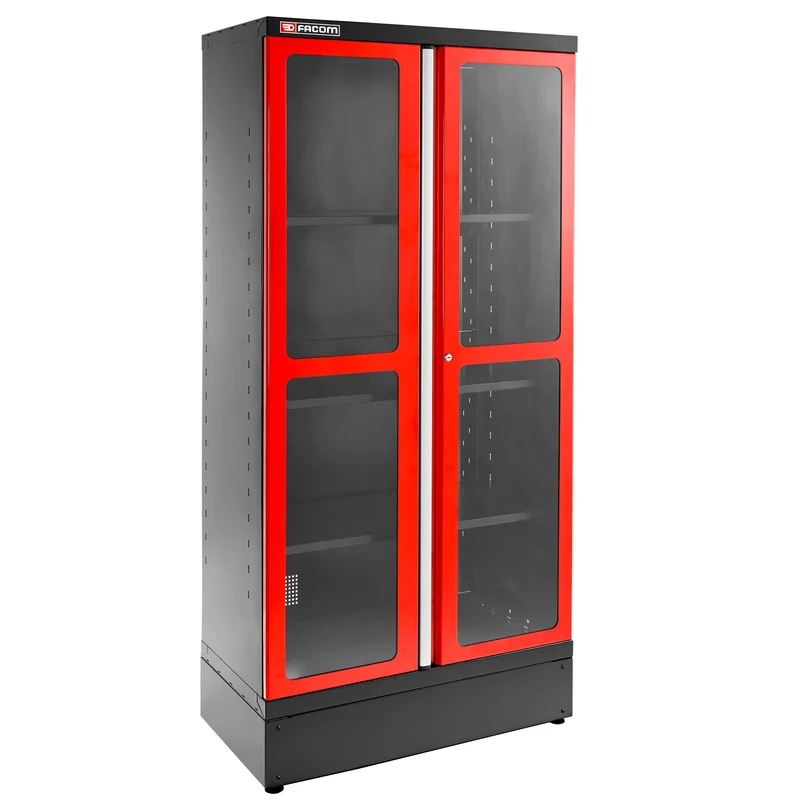 [JLS3-A1000PV] Armoire 2 portes vitrées plexi, 3 étagères, L 1000 x p 506 x h 2060 mm, rouge