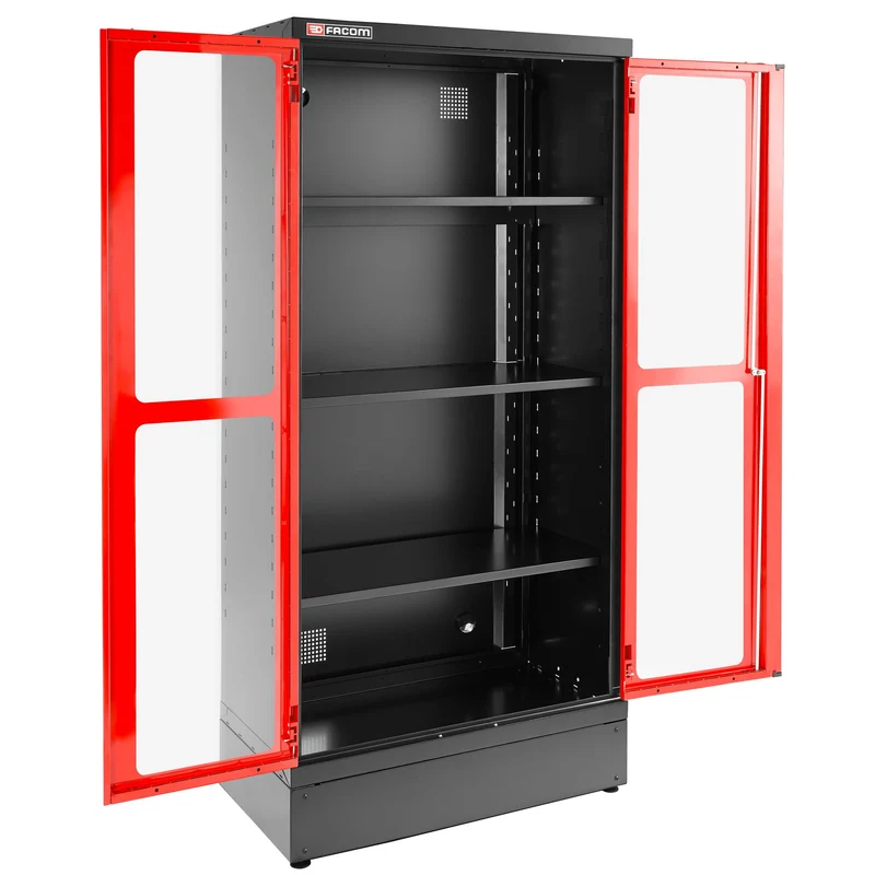 [JLS3-A1000PV] Armoire 2 portes vitrées plexi, 3 étagères, L 1000 x p 506 x h 2060 mm, rouge