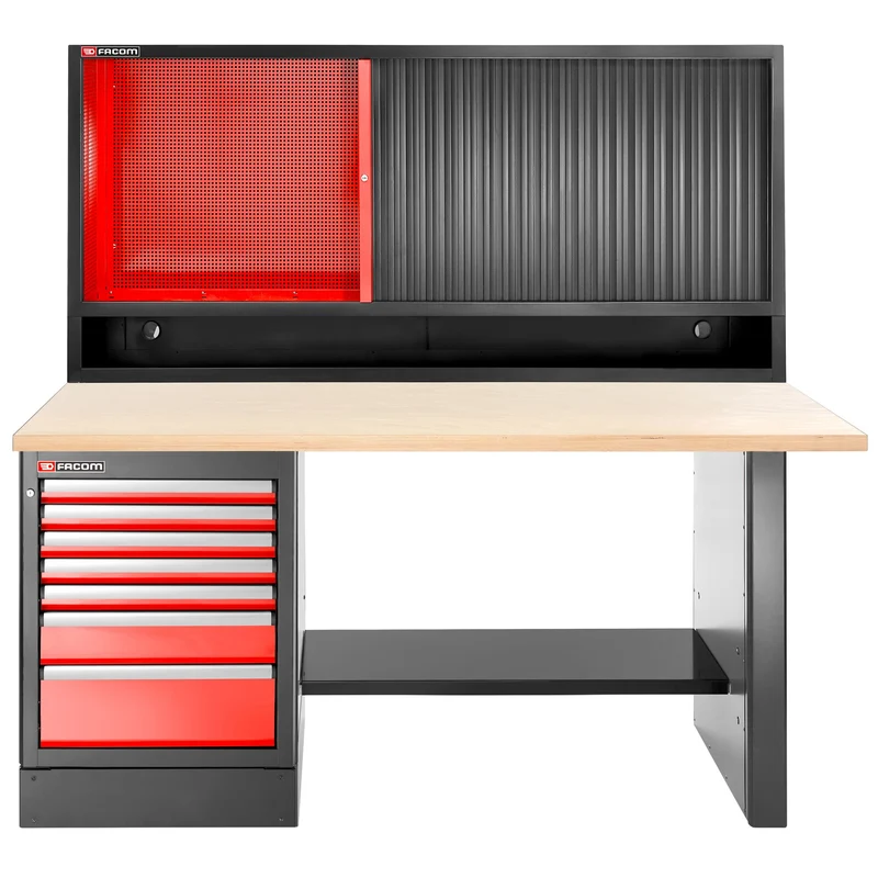 [JLS3-2MW7DSCH] Établi 2,2 m, 7 tiroirs, 569 x 421 mm, plateau bois, armoire rideau, version haute