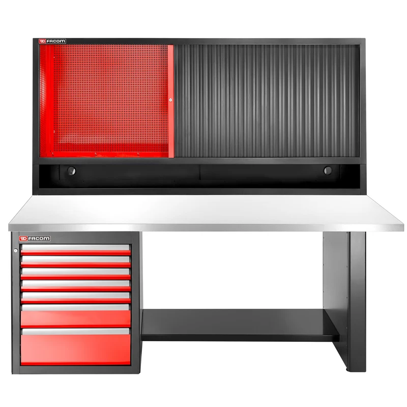 [JLS3-2MS7DSCL] Établi 2,2 m, 7 tiroirs, 569 x 421 mm, plateau inox, armoire rideau, version basse
