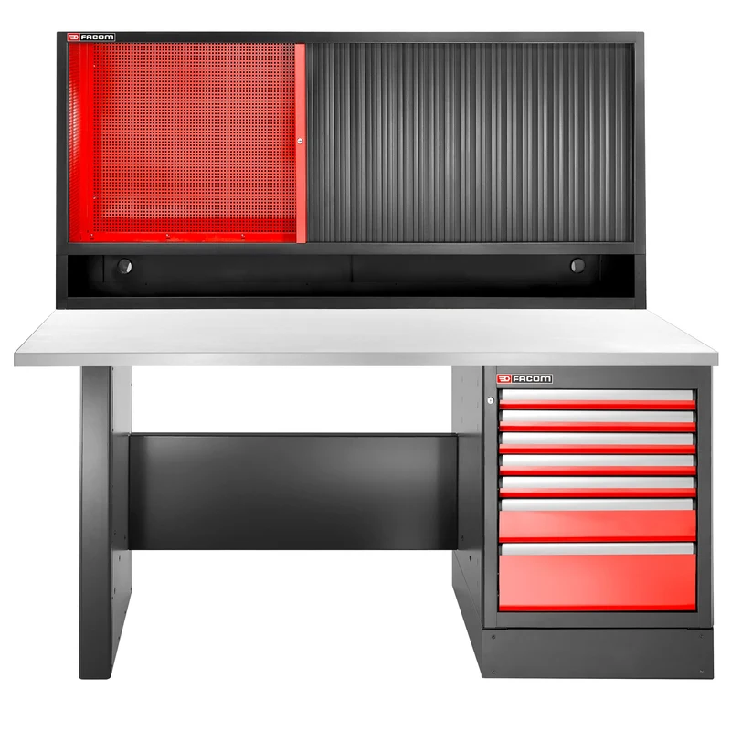 [JLS3-2MS7DSCH] Établi 2,2 m, 7 tiroirs, 569 x 421 mm, plateau inox, armoire rideau, version haute