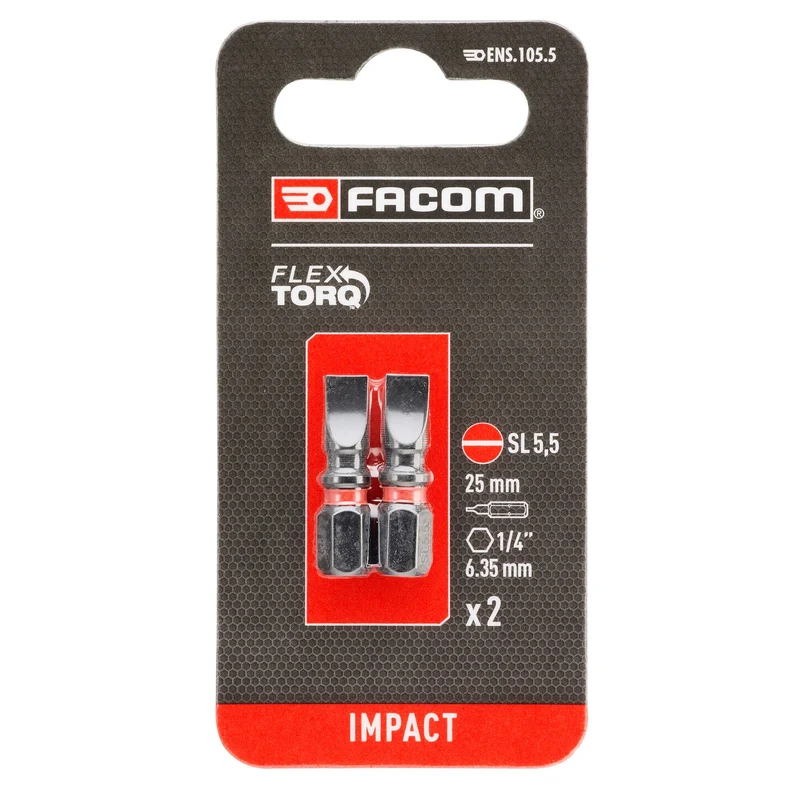 [ENS.105.5] Embouts de vissage pour tournevis à impact Flextorq, L 25 mm, empreinte vis fendue, 5,5 mm, 2 pièces
