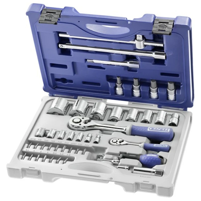 [E034855] Coffret de douilles et accessoires 1/4", 1/2", métriques, 44 pièces