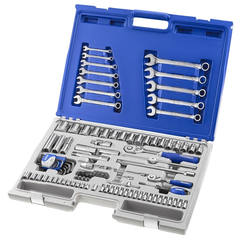 [E032911] Coffret de douilles, clés et accessoires, métriques 1/4'' et 1/2", 101 pièces
