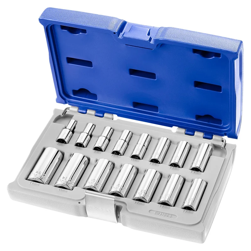[E031804] Coffret de douilles longues 3/8" 6 pans, métriques, 15 pièces