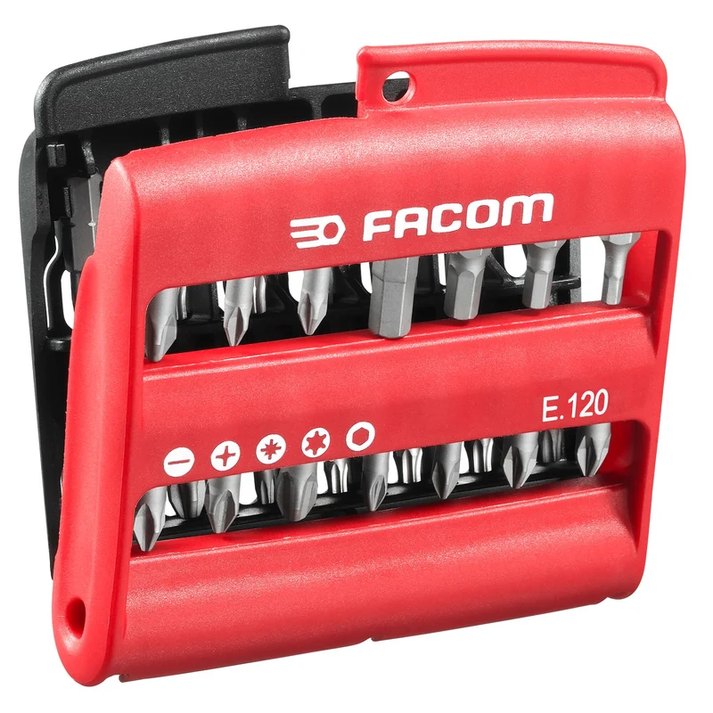 [E.120] Jeu mixte d'embouts 1/4", 25 mm pour vis 6 pans, à fente, Phillips®, Pozidriv®, TORX® et porte-embouts, 28 pièces