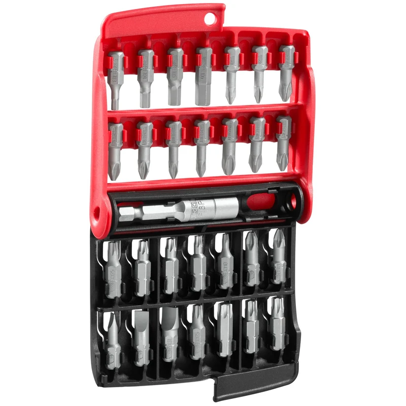 [E.120] Jeu mixte d'embouts 1/4", 25 mm pour vis 6 pans, à fente, Phillips®, Pozidriv®, TORX® et porte-embouts, 28 pièces