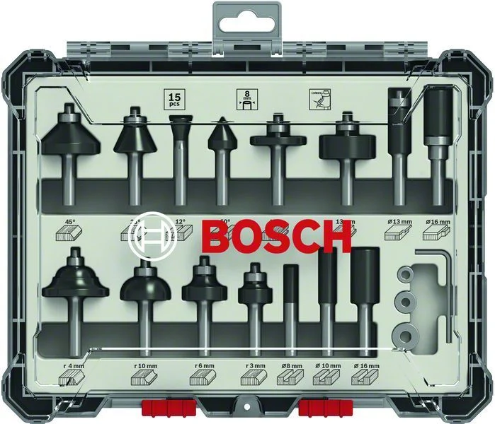 Kit de 15 fraises mixtes à queue de 8 mm Bosch 2607017472