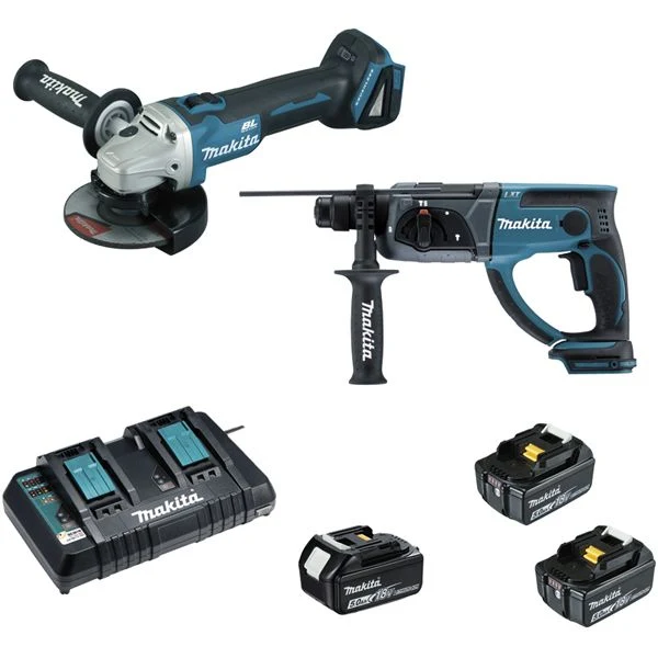 Pack 2 machines 18V 5Ah Li-Ion (Meuleuse DGA504 + Perforateur DHR202 + 3 batteries) LOT0151 MAKITA