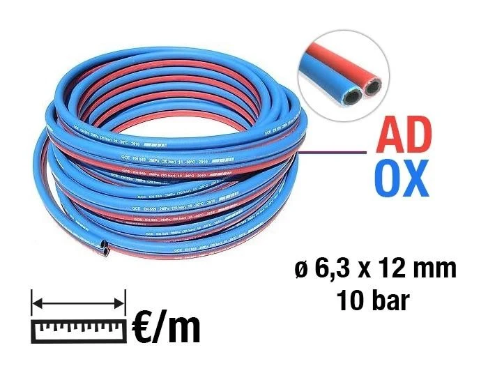 Tuyaux de caoutchouc jumelés TWIN gaz oxygène bleu - acétylène rouge