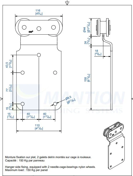 Monture fixation sur plat 2 galets porte 150 kg 0251D - Vendu à l'unité